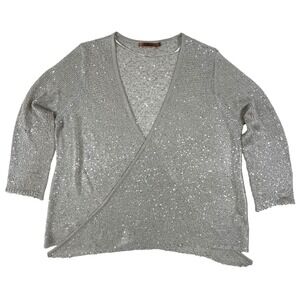 Beldini Womens Silver Metallic Sequin Wrap Front Knit Sweater Top Size XL